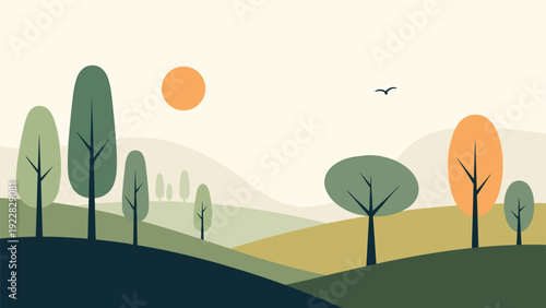 Peaceful minimalist landscape illustration featuring rolling hills colorful trees a setting sun and a lone bird in the sky.