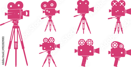 Collection of vintage style film cameras on tripods isolated on transparent background for creative media projects