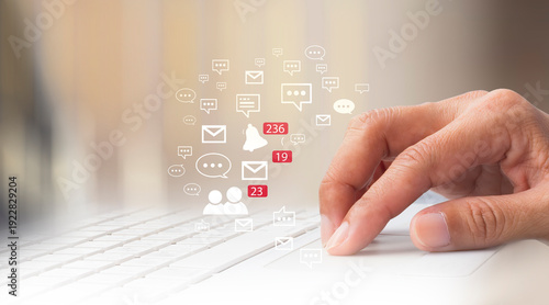 Social media marketing. Hands using laptop with icon social media and social network, Marketing concept.