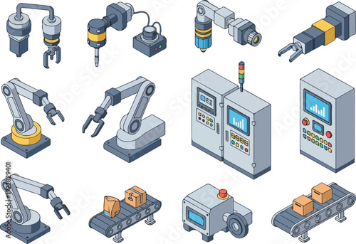 Industrial robotic arms and machinery operating in a modern factory setting, viewed from a high angle