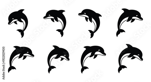 Eight stylized black silhouettes of jumping and swimming dolphins