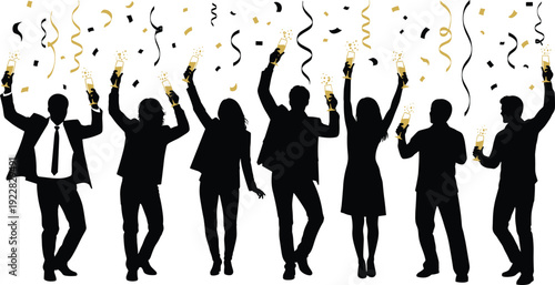 People silhouette celebrating with champagne toast, group of friends dancing under gold confetti and streamers, corporate party for New Year.