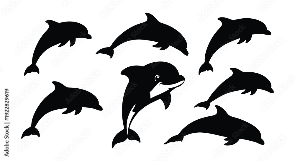 Obraz premium Eight stylized black silhouettes of jumping and swimming dolphins