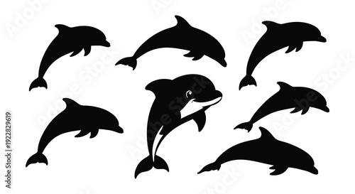 Eight stylized black silhouettes of jumping and swimming dolphins