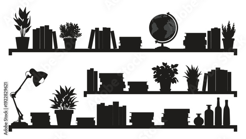 Black silhouettes of bookshelves filled with books potted plants a globe and bottles for interior design and library themes.