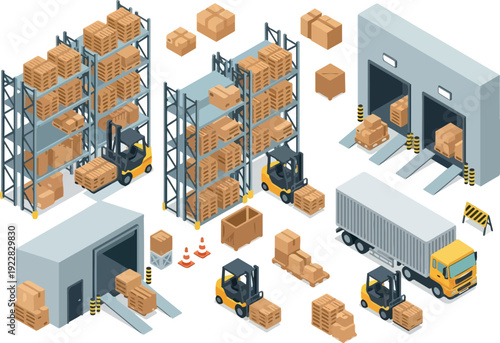Warehouse operations with forklifts loading and unloading trucks in an industrial setting from an isometric viewpoint