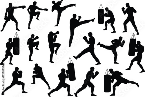 Boxing and martial arts silhouettes set, fighters training with punches kicks, combat sport actions, fitness workout poses, black vector illustration