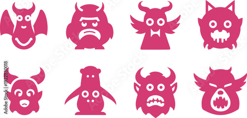 Collection of whimsical cartoon devil and monster faces in bright pink color isolated on transparent background
