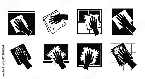 Series of black and white icons illustrating hand cleaning actions