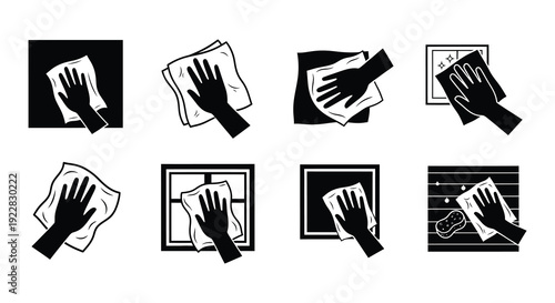 Series of black and white icons illustrating hand cleaning actions