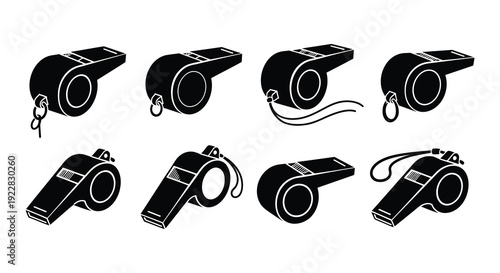Collection of black and white whistle illustrations in various orientations