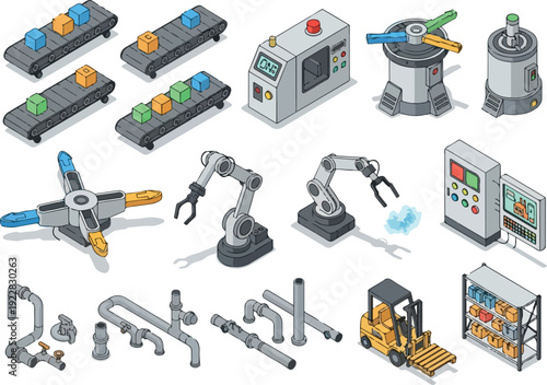 Industrial machinery and robotic arms in a factory setting, showcasing various equipment and manufacturing processes