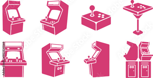 Colorful collection of retro arcade game machines and joystick controllers isolated on transparent background