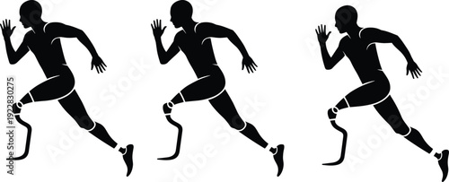 Running athlete silhouettes with prosthetic leg, disabled sports concept, paralympic sprint motion, strength determination, fitness action, black vector illustration