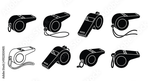 Collection of black and white whistle illustrations in various orientations