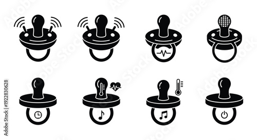 Collection of black pacifier icons with varying designs and signal waves
