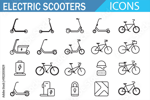 Green Transportation Electric Scooter and Bicycle Icon Set