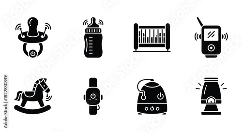 Black silhouette icons depicting baby items and monitoring devices