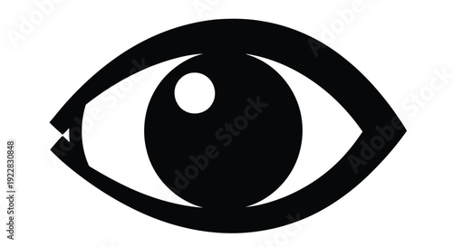 A stark black and white illustration of a human eye isolated on a white background