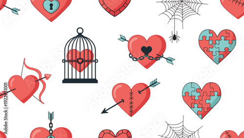 Professional business man and woman in formal suits standing together and discussing ideas with blue speech bubbles.