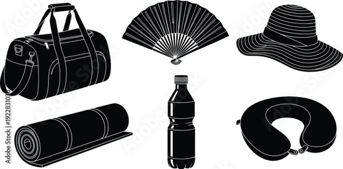 Black and white silhouettes of travel essentials including duffel bag, sun hat, hand fan, water bottle, neck pillow, and mat