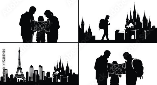 Silhouette set of family looking at map, traveler with backpack, and world city landmarks like Eiffel Tower for vacation travel