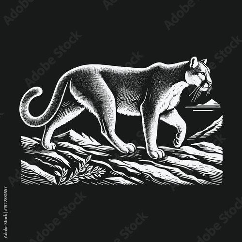 Majestic Mountain Lion Illustration: A Study in Black and White.