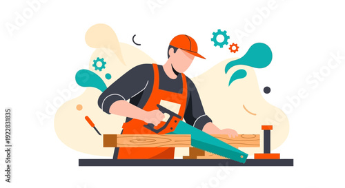 Carpenter Working with Wooden Plank.