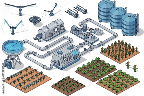 Sustainable agriculture system illustration showcasing renewable energy, water management, and crop cultivation in a futuristic landscape from an aerial viewpoint
