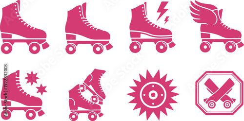 Creative collection of roller skate icons with various fun and dynamic effects isolated on transparent background