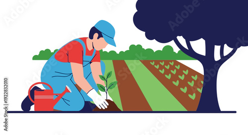 Gardener Planting Seedlings in Garden Bed.