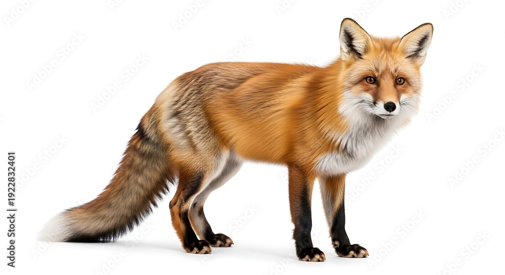 Fototapeta premium Majestic adult red fox showing its bushy tail and white chest isolated for zoological study and educational purposes.