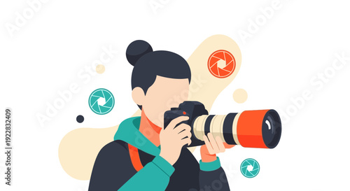 Woman Photographer Taking Picture with Camera Lens.