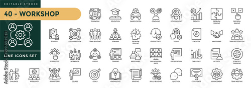 Workshop icons set with editable stroke, including  team building, collaboration, teamwork, coaching, problem-solving and education. Thin linear vector illustration.