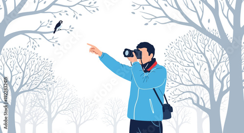 Woman Birdwatching with Binoculars in Winter.