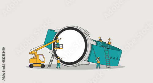 Workers Assembling Large Metal Ring Structure.