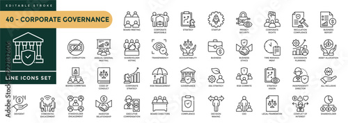 Corporate Governance icons set with editable stroke, including symbols for Board of directors, compliance, ESG strategy, risk management. Thin linear vector illustration.