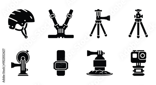 Black silhouette icons depicting various surveying and photography equipment