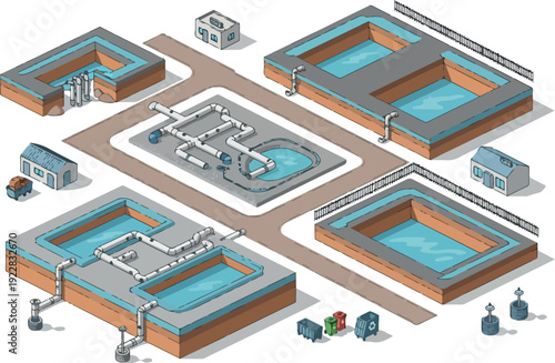 Aerial view of a water treatment plant with multiple pools and machinery