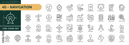 Navigation icons set with editable stroke, including location, navigation, direction, compass, map pin, route planner, geolocation. Thin linear vector illustration.