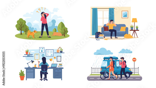 Collection of four different stressful life situations including getting lost, messy living space, busy office, and bad weather commute.