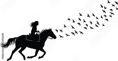 Black silhouette of woman riding horse with flock of birds flying in sky isolated on white background for freedom design