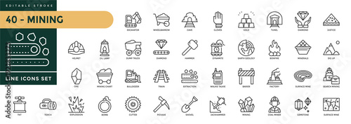 Mining icons set with editable stroke, including diamond, gold, torch, mining saw, ground, shovel, mine, bulldozer, minerals, etc. Thin linear vector illustration.