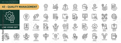 Quality Management icons set with editable stroke, including quality, benchmark, consistency, reliability, service, improvement, achieve, best. Thin linear vector illustration