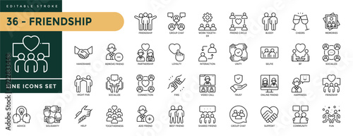 Friendship icons set with editable stroke, including friends, socialize, best friends, group of friend, friendly, cheers, trust, support, etc. Thin linear vector illustration.