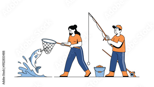 Man and woman enjoying fishing trip together with woman catching large fish in net while man uses rod on a beautiful sunny day.
