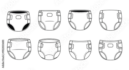 Black silhouette icons depicting various styles of baby diapers and inserts