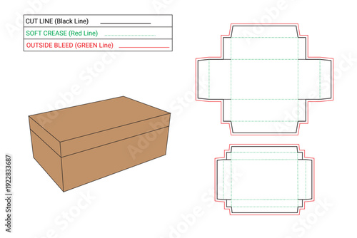 Shoe's cardboard box technical illustration. flat sketch shoebox dieline template, perfectly foldable, using glue, 3D box, cutline, soft crease, outside bleed. 
