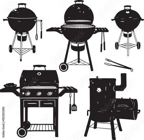 Collection of charcoal and gas grills with utensils isolated on transparent background