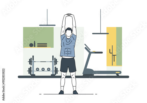 Man Performs Full Body Stretch Routine Maintaining Fitness In A Home Gym With Treadmill Dumbbells and Barbell Equipment